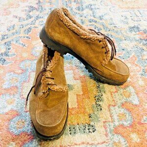 JOSEPH ABBOUD Vintage Tan Suede Sherpa Lined Tie Up Loafers Shoes Women's 7